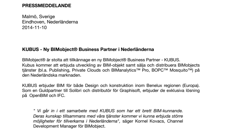 KUBUS - Ny BIMobject® Business Partner i Nederländerna