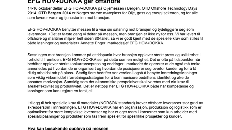 EFG HOV+DOKKA går offshore - deltar på OTD Bergen 2014