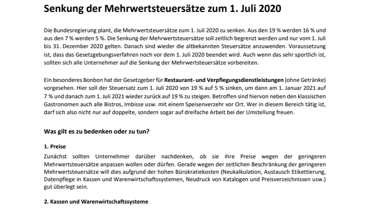 Mehrwertsteuersenkung 2020