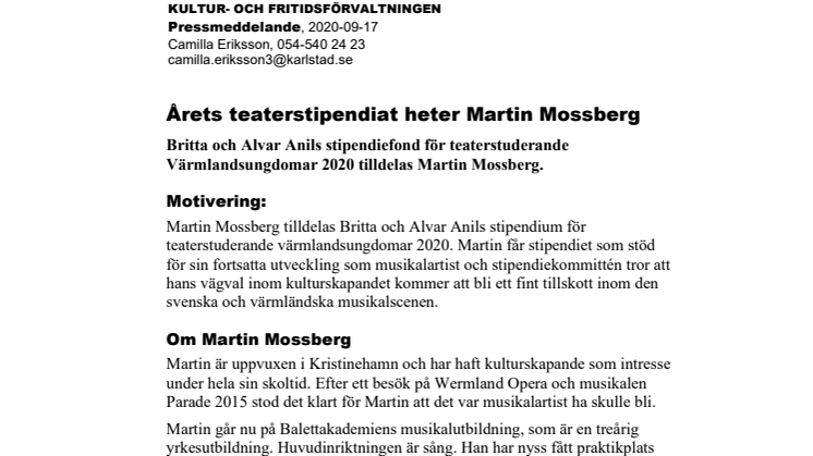 Årets teaterstipendiat heter Martin Mossberg