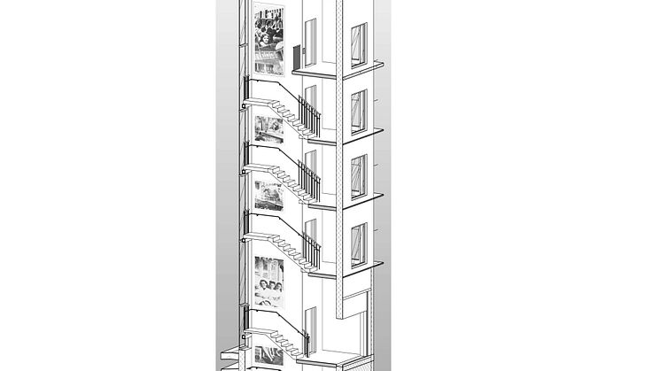 Illustration från skissförslag ”NE JOTKA TULIVAT - ME JOTKA JÄIMME  DOM SOM KOM - VI SOM BLEV” av Lisa Juntunen Roos. Bilden illustrerar ett av uppdragets två trapphus..jpg
