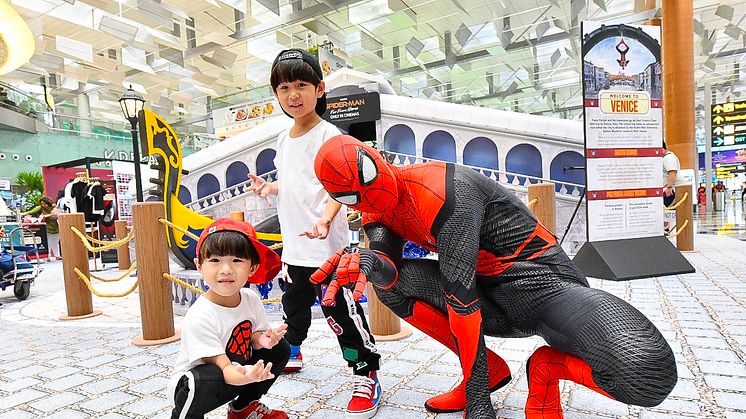 Kids hanging out with Spider-Man at Changi Airport’s Far from Home Exhibition with installation of Rialto Bridge in Venice