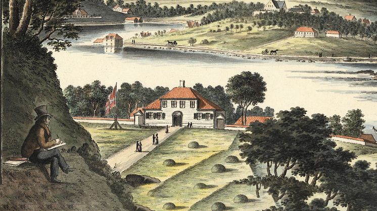 Dreiers prospekt «2den Udsigt fra Nyegaard til Solem 1827» (Nasjonalbiblioteket)
