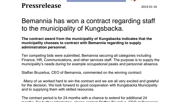 Bemannia has won a contract regarding staff to the municipality of Kungsbacka. 