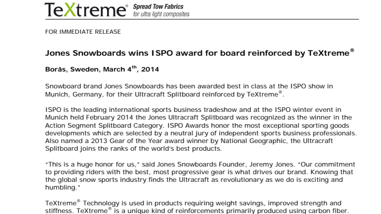 Jones Snowboards wins ISPO award for board reinforced by TeXtreme®