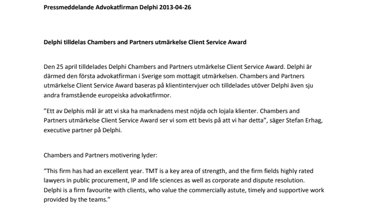 Delphi tilldelas Chambers and Partners utmärkelse Client Service Award