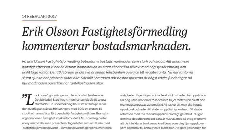 Erik Olsson Fastighetsförmedling kommenterar bostadsmarknaden 14 februari 2017