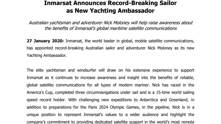 Inmarsat Announces Record-Breaking Sailor as New Yachting Ambassador