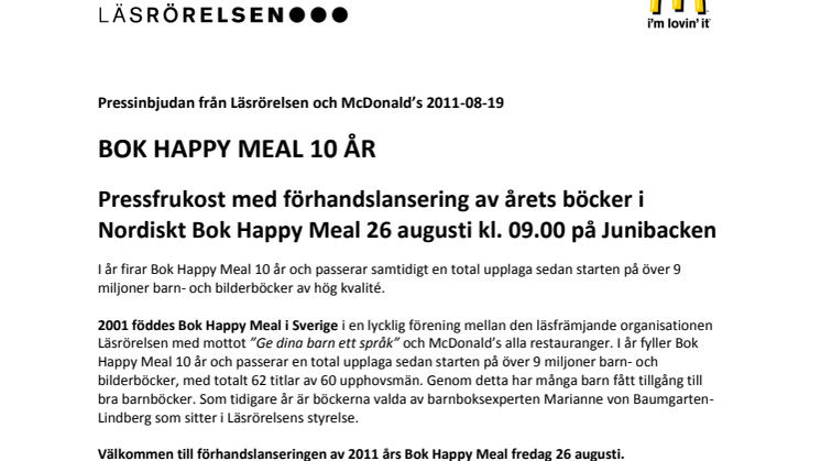 BOK HAPPY MEAL 10 ÅR: Pressinbjudan från Läsrörelsen och McDonald’s 2011-08-19