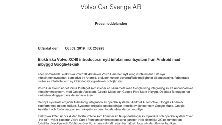 Elektriska Volvo XC40 introducerar nytt infotainmentsystem från Android med inbyggd Google-teknik
