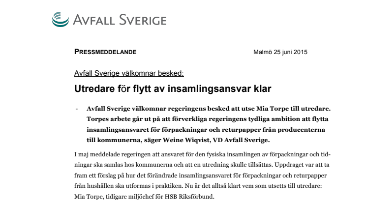 Avfall Sverige välkomnar besked: Utredare för flytt av insamlingsansvar klar
