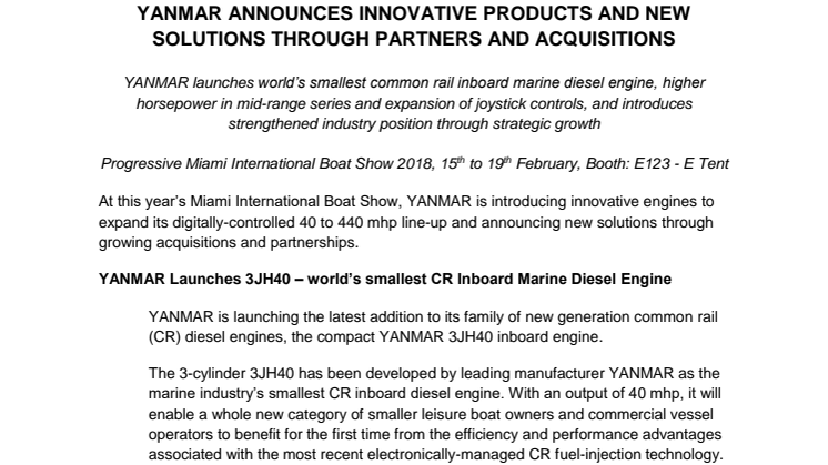 YANMAR Announces Innovative Products and New Solutions Through Partners and Acquisitions  