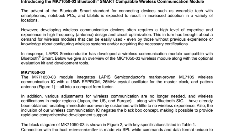 Introducing the MK71050-03 Bluetooth® SMART Compatible Wireless Communication Module