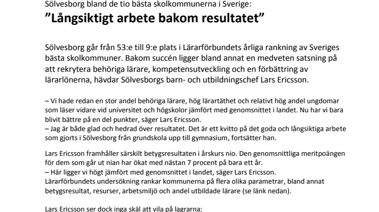 Sölvesborg bland de tio bästa skolkommunerna i Sverige: ”Långsiktigt arbete bakom resultatet”