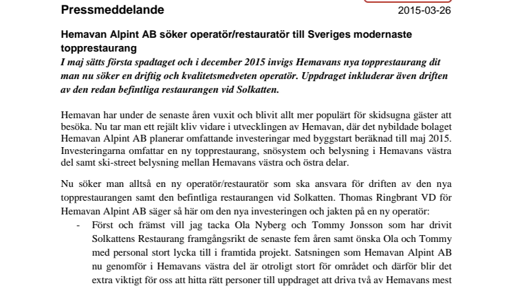 Hemavan Alpint AB söker operatör/restauratör till Sveriges modernaste topprestaurang