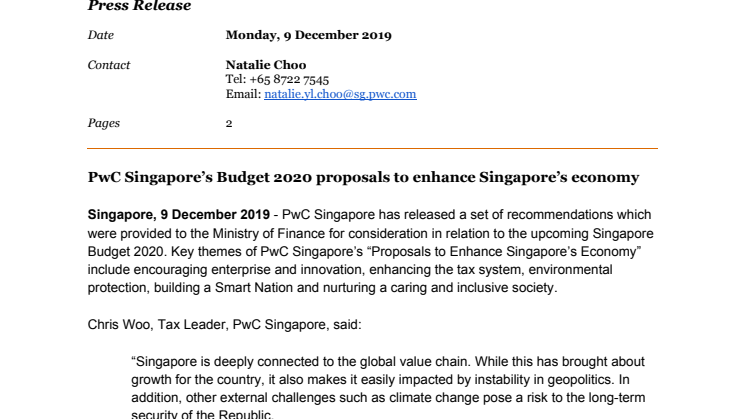 PwC Singapore’s Budget 2020 proposals to enhance Singapore’s economy