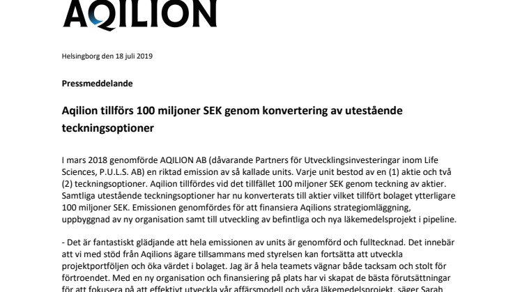 Aqilion tillförs 100 miljoner SEK genom konvertering av utestående teckningsoptioner 