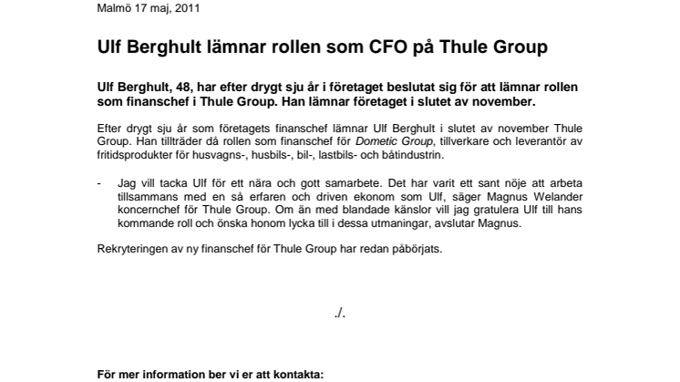 Ulf Berghult lämnar rollen som CFO på Thule Group