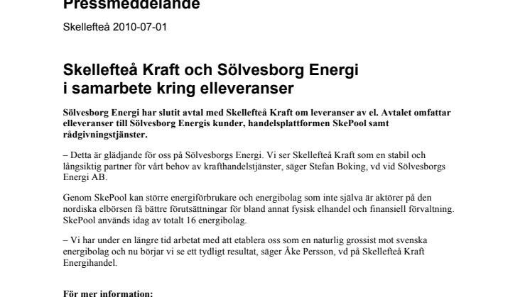 Skellefteå Kraft och Sölvesborg Energi i samarbete kring elleveranser 