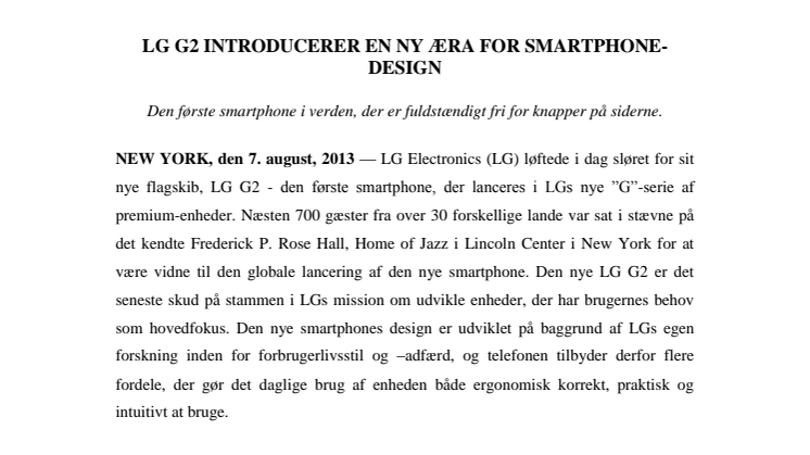 LG G2 INTRODUCERER EN NY ÆRA FOR SMARTPHONE-DESIGN