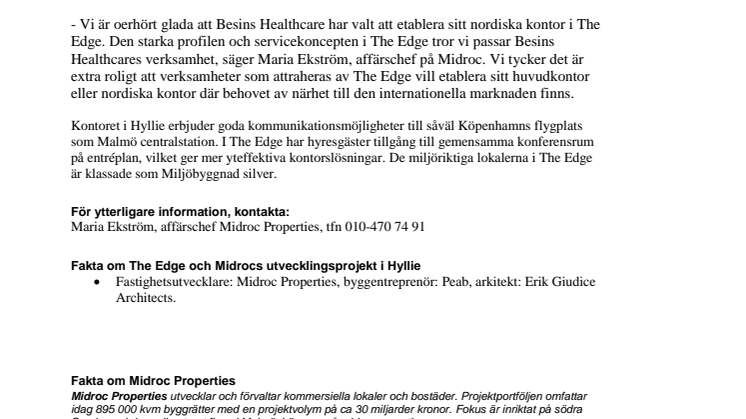 Läkemedelsföretaget Besins Healthcare tecknar hyresavtal i The Edge, Malmö 
