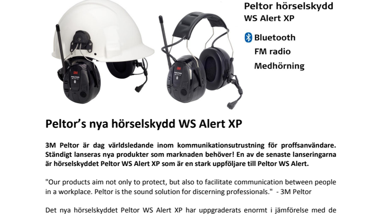 Peltor lanserar nya hörselsskydd, WS Alert XP