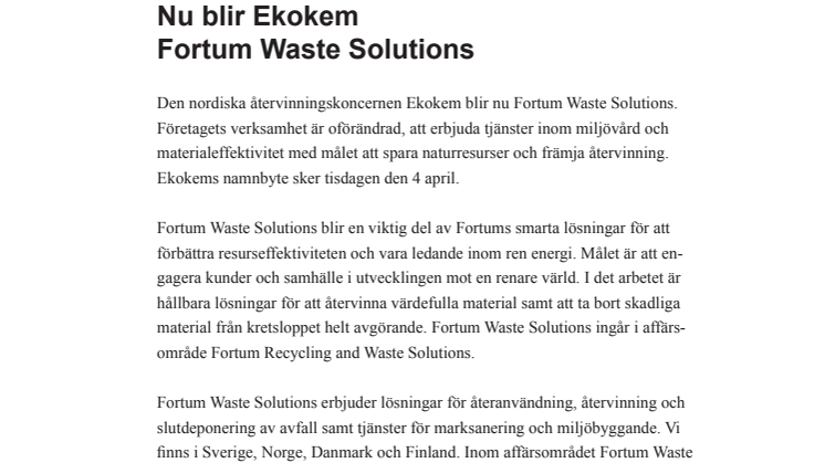 Nu blir Ekokem Fortum Waste Solutions