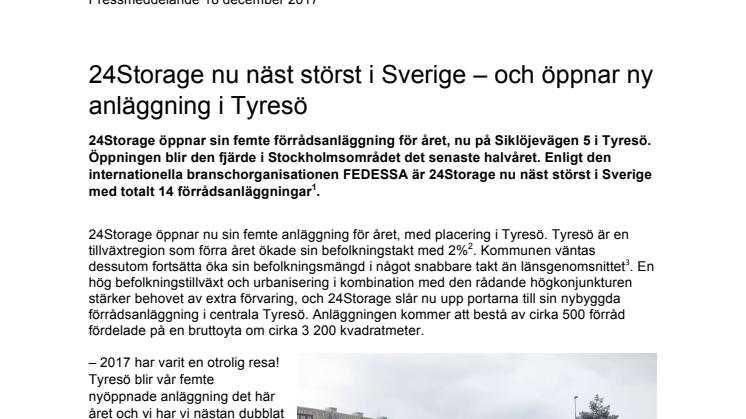 24Storage nu näst störst i Sverige – och öppnar ny anläggning i Tyresö 