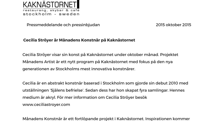 ​Cecilia Ströyer är Månadens Konstnär på Kaknästornet