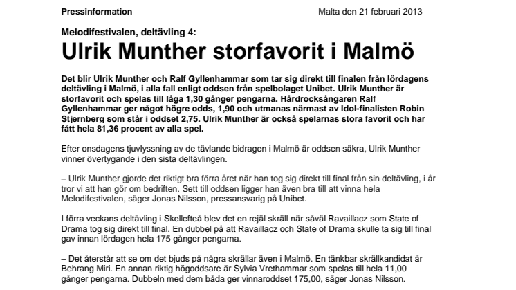 Melodifestivalen, deltävling 4: Ulrik Munther storfavorit i Malmö