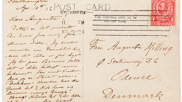 Titanic: Original handwritten and signed postcard from Jacob Christian Milling, signed Jacob. Stamped Southampton and with the date 10 April 1912. Estimate: DKK 30,000-50,000 (€ 4,000-6,700). 