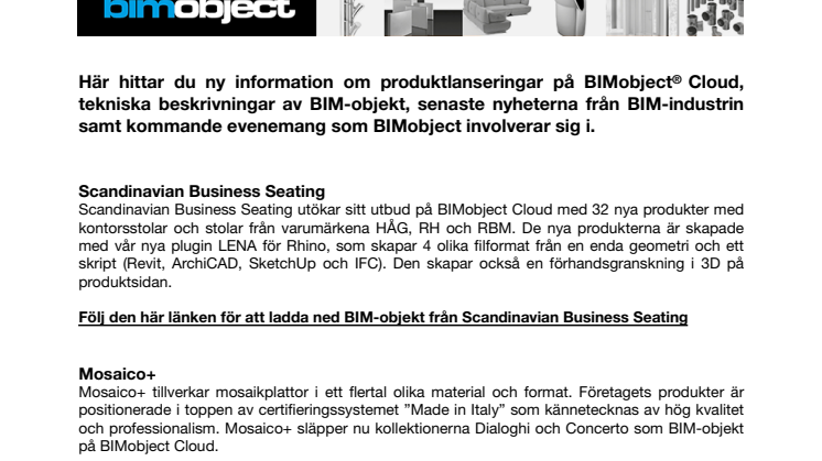 Nya BIM-objekt från Scandinavian Business Seating, Mosaico+, Ruredil och Mitsubishi Electric