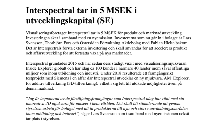 ​Interspectral tar in 5 MSEK i utvecklingskapital