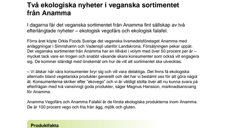 Två ekologiska nyheter i veganska sortimentet från Anamma