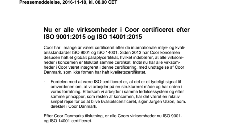 Nu er alle virksomheder i Coor certificeret efter ISO 9001:2015 og ISO 14001:2015