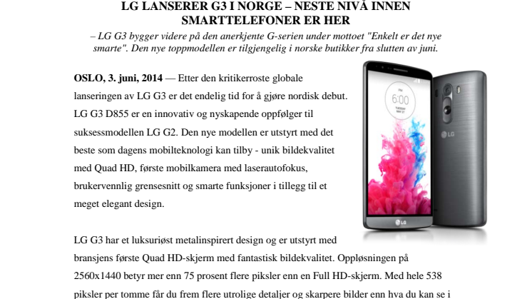 LG LANSERER G3 I NORGE – NESTE NIVÅ INNEN SMARTTELEFONER ER HER