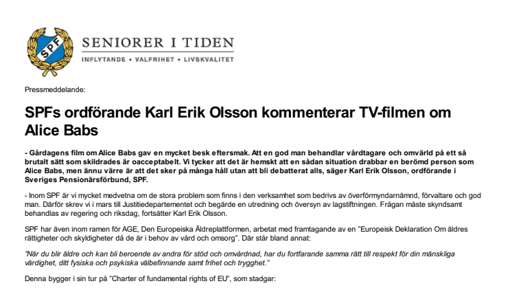 SPFs ordförande Karl Erik Olsson kommenterar TV-filmen om Alice Babs