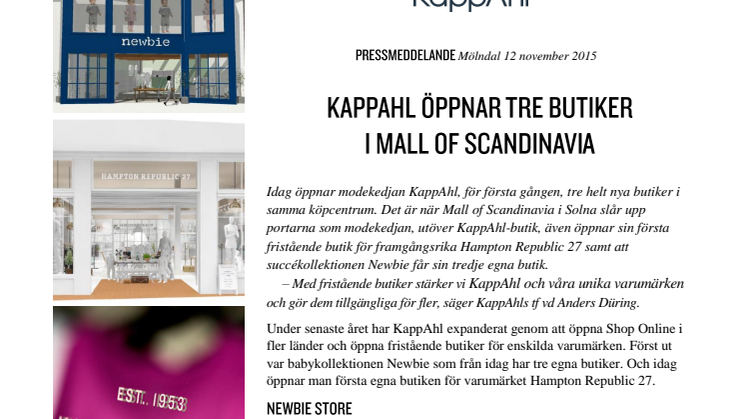 KappAhl öppnar tre butiker i Mall of Scandinavia