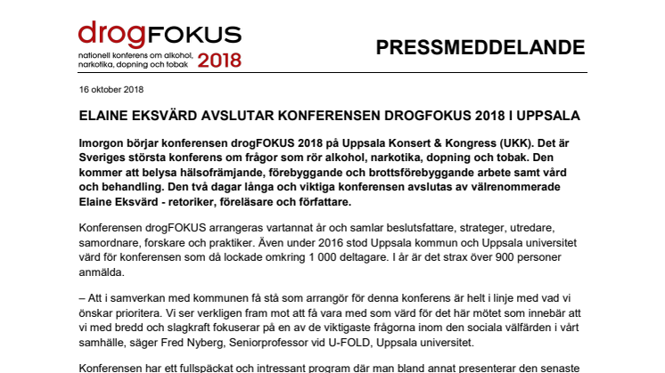 Elaine Eksvärd avslutar konferensen drogFOKUS 2018 i Uppsala