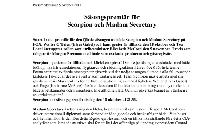​Säsongspremiär för Scorpion och Madam Secretary