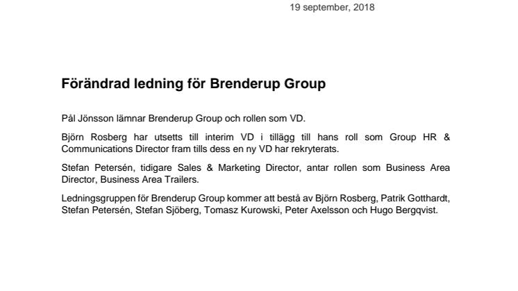 Förändrad ledning för Brenderup Group