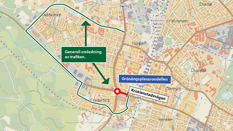 Karta över hur trafiken leds om under tiden som vägen är avstängd.