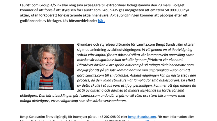 Lauritz.com kommer att utvidga aktiekapitalet med upp till 75 miljoner danska kronor