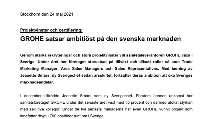GROHE satsar ambitiöst på den svenska marknaden
