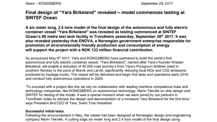 Kongsberg Maritime: Final design of “Yara Birkeland” revealed – model commences testing at SINTEF Ocean