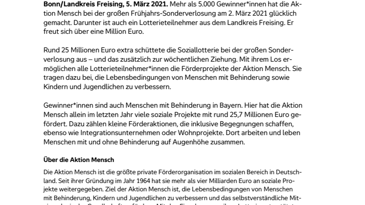 Landkreis Freising: Glückspilz gewinnt 1 Million Euro bei der Frühjahrs-Sonderverlosung der Aktion Mensch