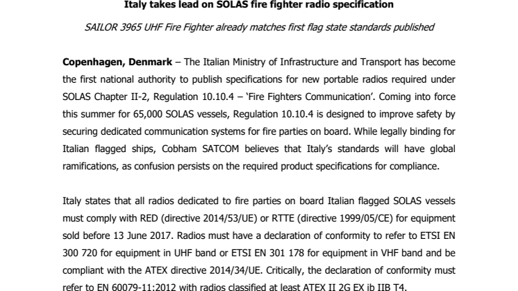 Cobham SATCOM: Italy takes lead on SOLAS fire fighter radio specification