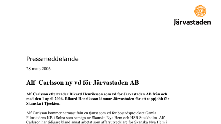 Alf Carlsson ny vd för Järvastaden AB