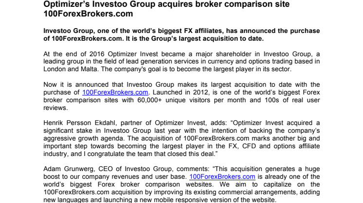 Optimizer’s Investoo Group acquires broker comparison site 100ForexBrokers.com