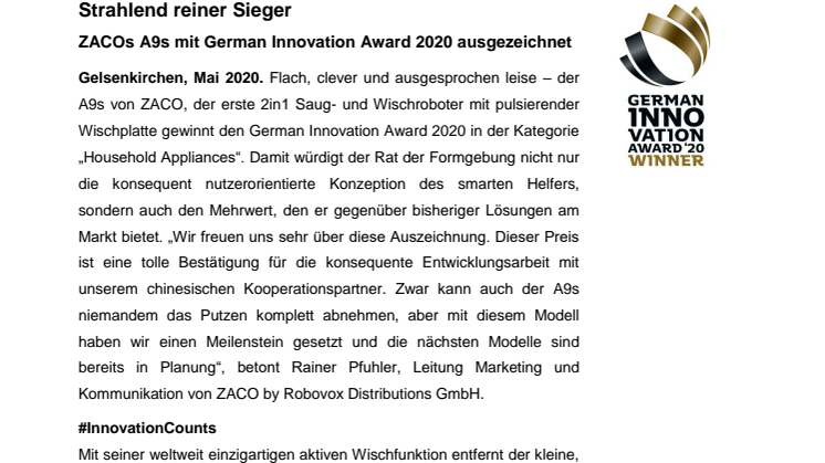 ZACO gewinnt den "German Innovation Award 2020"